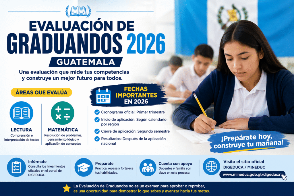 Evaluación de Graduandos 2026 Guatemala con estudiante realizando examen, áreas de lectura y matemática y fechas importantes del proceso