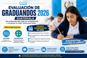 Evaluación de Graduandos 2026 Guatemala con estudiante realizando examen, áreas de lectura y matemática y fechas importantes del proceso
