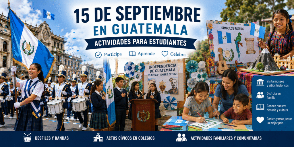 Actividades del 15 de septiembre en Guatemala para estudiantes, con desfile de bandas escolares, actos cívicos, actividades familiares y culturales.