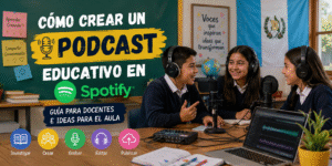 Estudiantes creando un podcast educativo en el aula para aprender y compartir conocimientos.