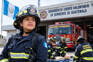 Bombera voluntaria de Guatemala frente a una estación de bomberos durante una jornada de formación y entrenamiento.