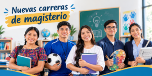 Estudiantes guatemaltecos representan las nuevas carreras de magisterio en educación bilingüe intercultural, educación física, música y artes visuales.